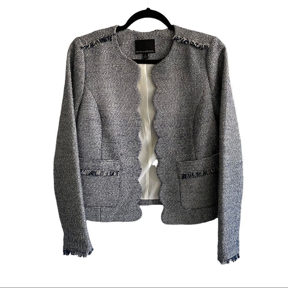 BANANA REPUBLIC Blue White Tweed Open Front Blazer Jacket Scalloped Edges 6